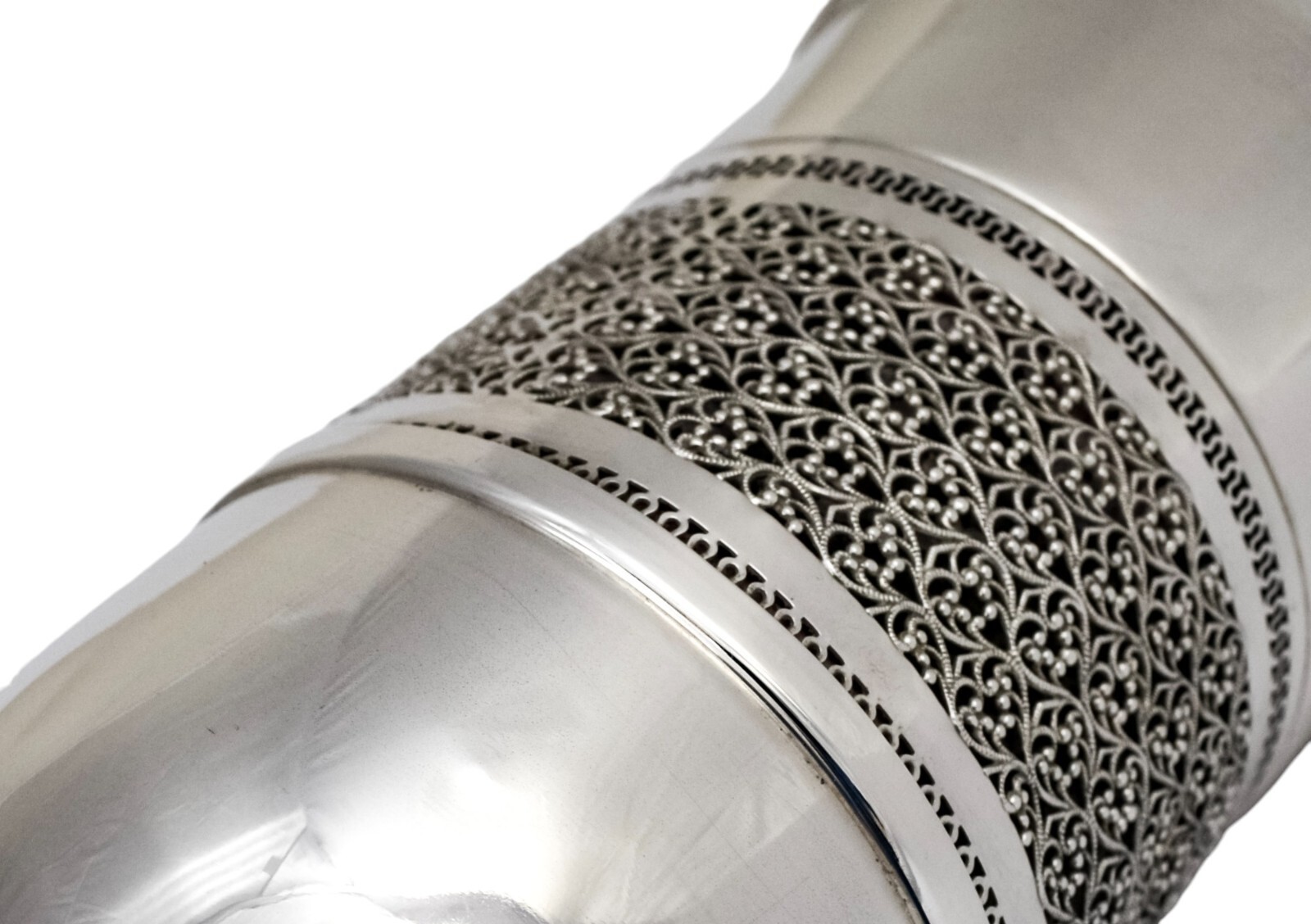 Vintage silver plated bottle sleeve, Arabesque scrolling lattice design, A.Segal