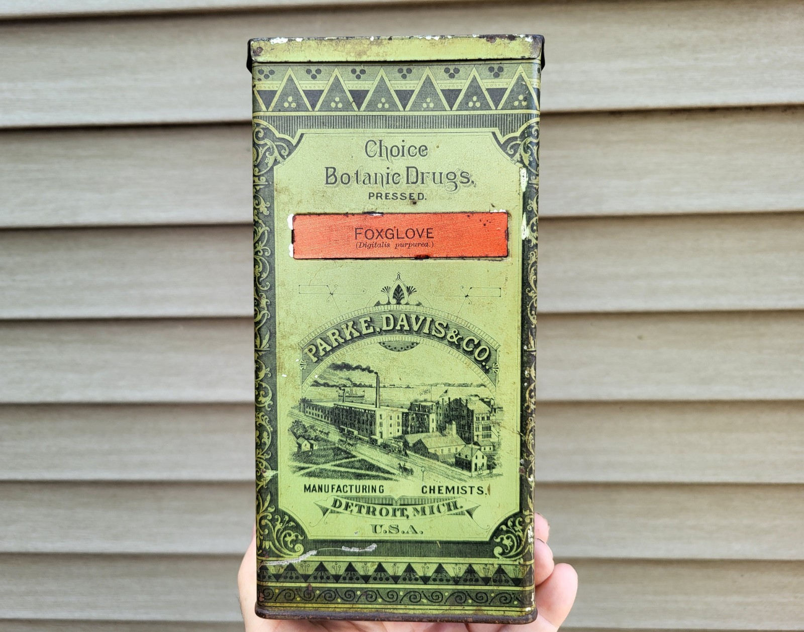 Parke Davis Apothecary Tin Pharmacy FOXGLOVE Botanic Drugs Pressed Herbs c1879
