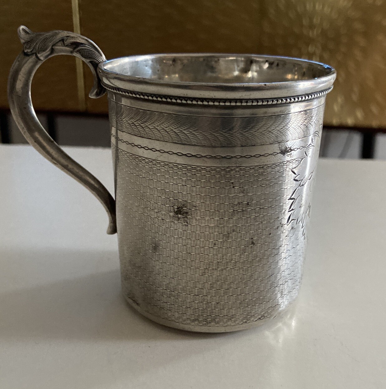 Antique American Coin Silver Maple Leaf Handle Cup S Hammond Co Utica NY
