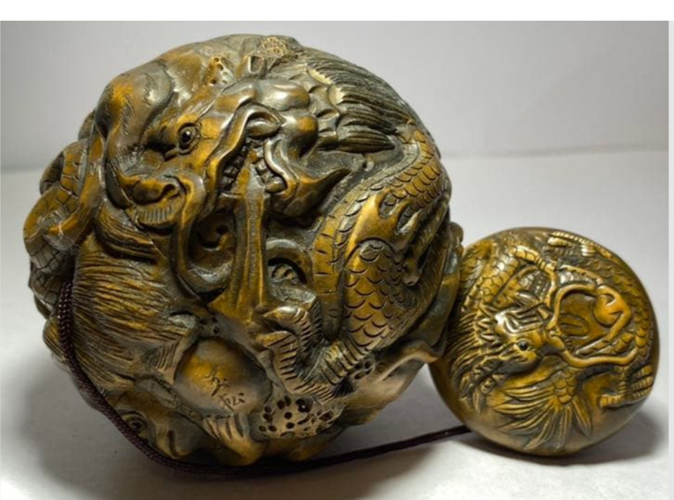 Netsuke Antique Twelve-Zodiac Pills Inro Japanese Hand carved Wood Edo Era JP