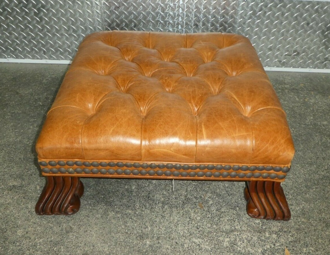 VINTAGE KRAVET FURNITURE TUFTED LEATHER HASSOCK FOOT STOOL
