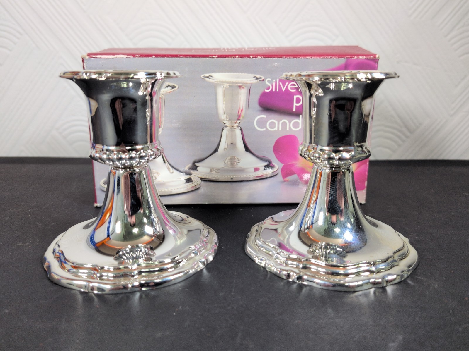 Vintage Silver Plated Candlesticks Boxed Pair Decorative Candle Holders