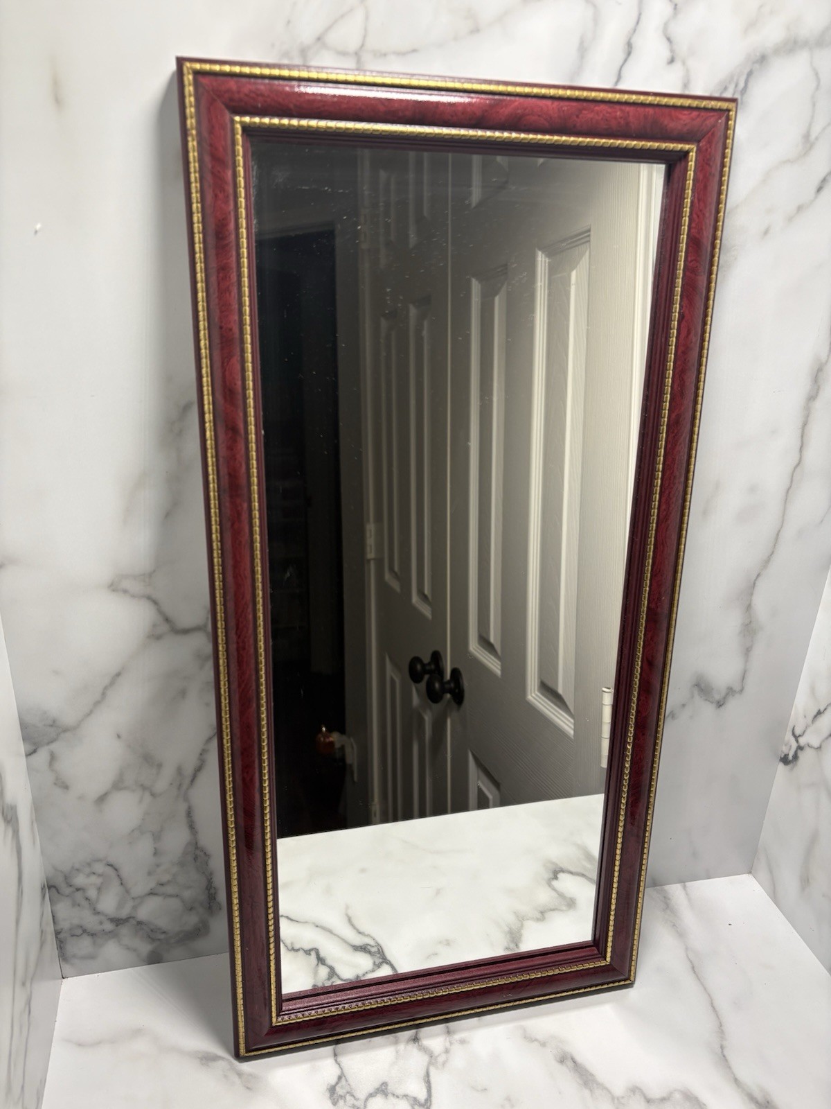 1980s Art Deco Style Burgundy Beaded Gold Tone Rectangle Wall Mirror USA