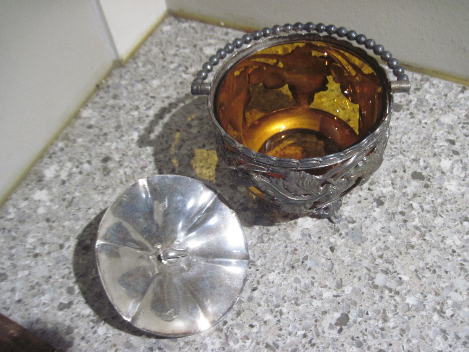 Antique Art Deco Ornate Silverplate Covered Berry Jar with Amber Glass Insert