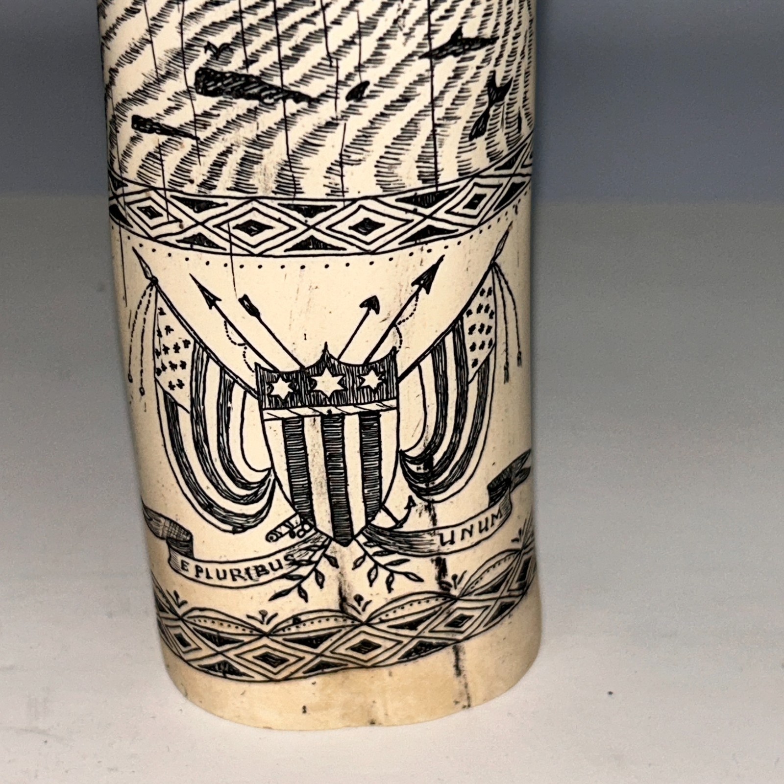 Scrimshaw Replica Walrus Tusk “Regulus” Captain James Head Ivory-color Resin 14″