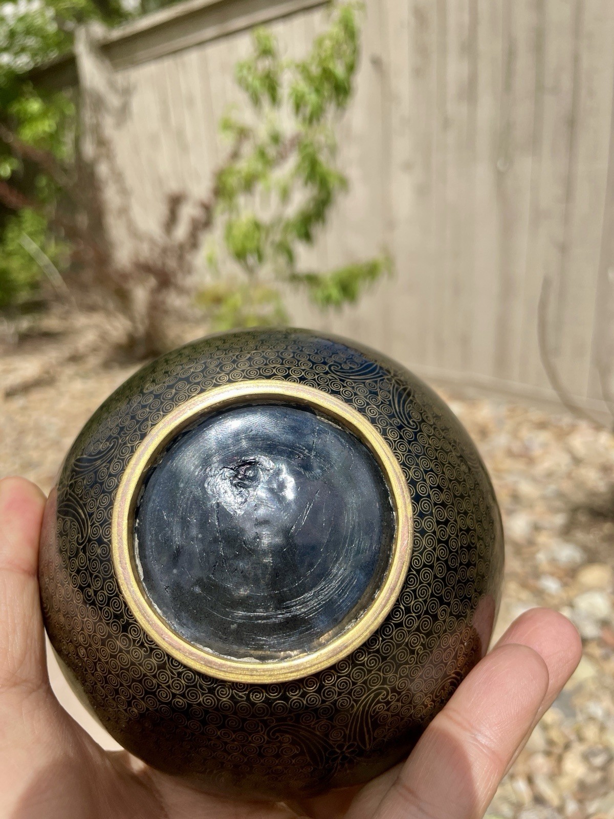 ANTIQUE CLOISSONE VASE WASHER JAR ENAMEL ON BRASS BLACK WITH GOLD DESIGN