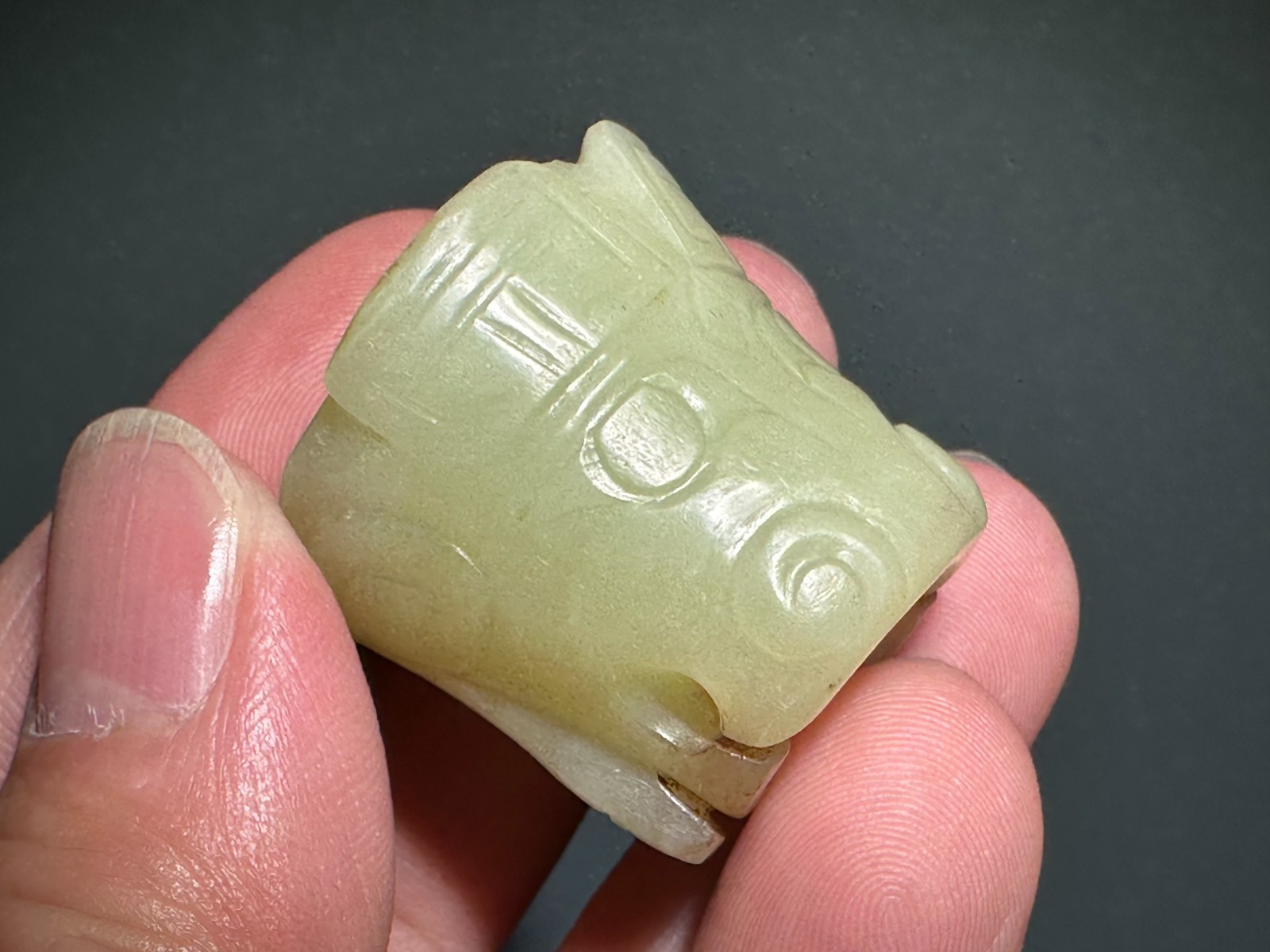 Rare Shang Dy Old Jade Carved Animal Face Design “Le Zi” “Pei” Pendant L 2.8 cm