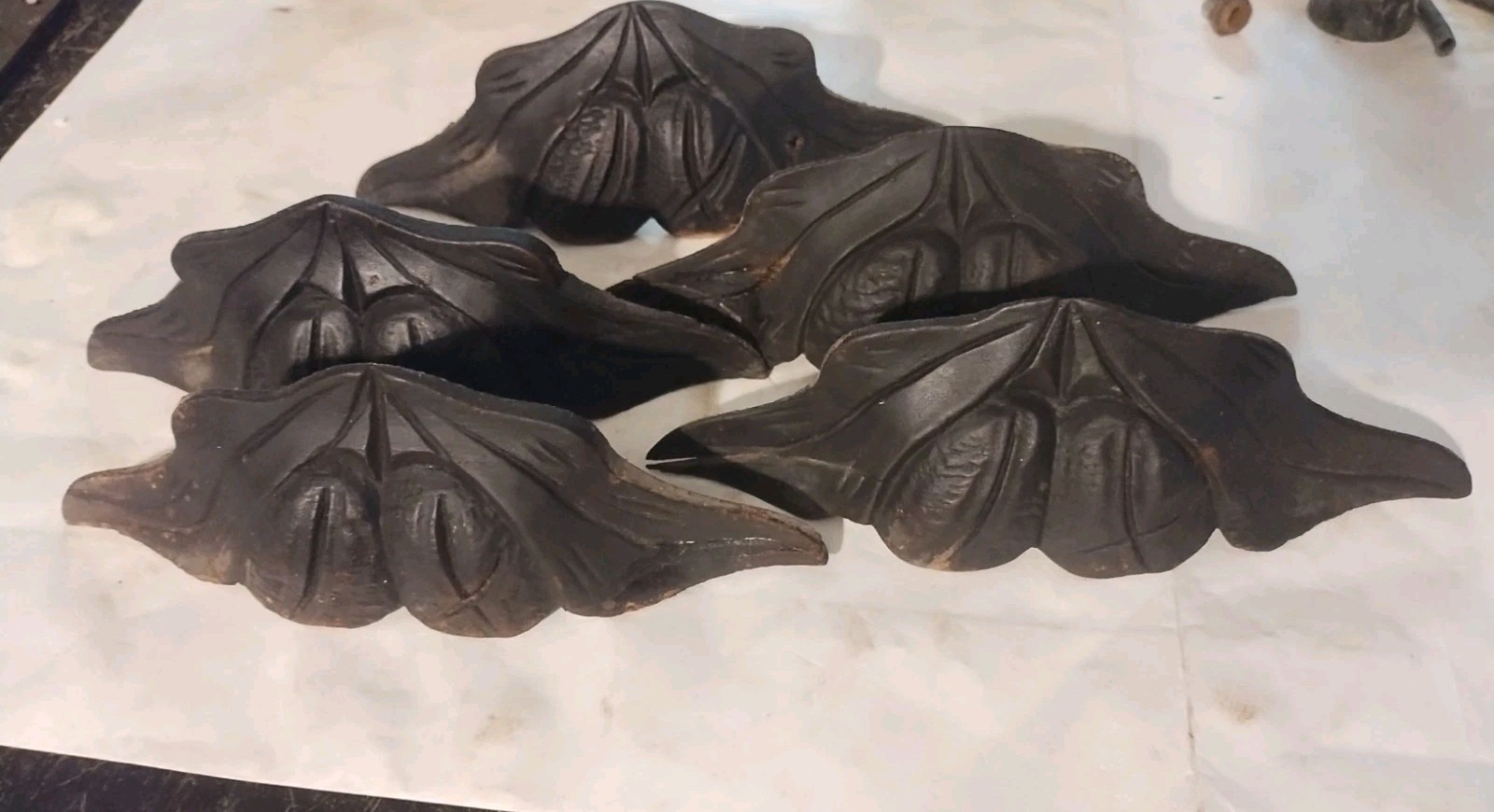 Lot Of 5 Antique Victorian Wood Carved Leaf And Fruit Drawer Pulls