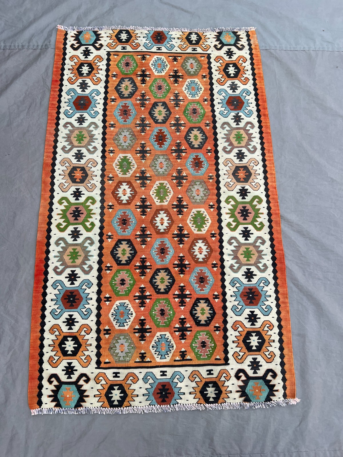 2’9×4’6 ft Vintage Handmade Afghan Kilim Area Rug, Geometric Design, Fringe Edge