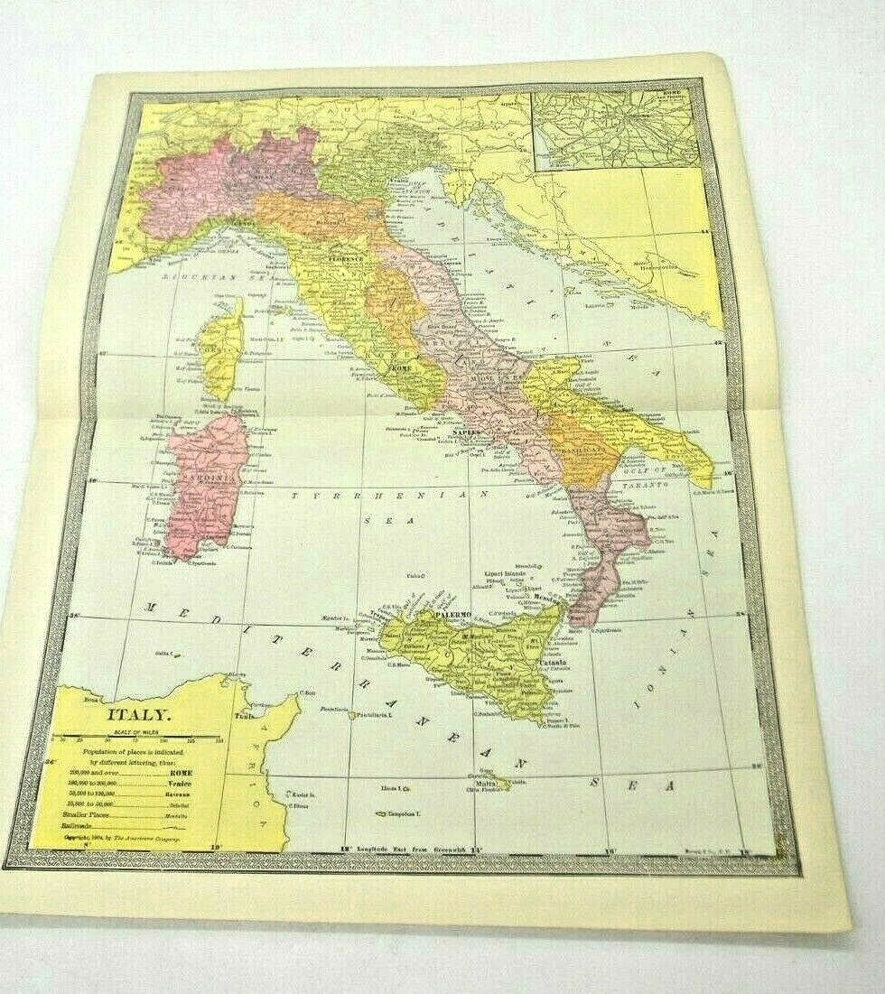 Italy Color Map Book Illustration plate pastel Antique vintage pre-war 1904