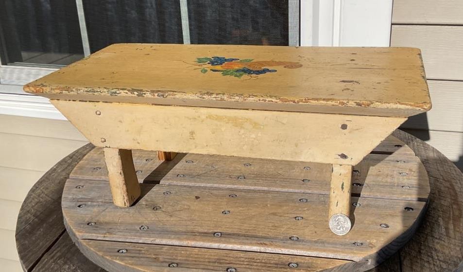 Antique Wood Foot Rest Stool Bench Layered Chippy Yellow Green Paint Country
