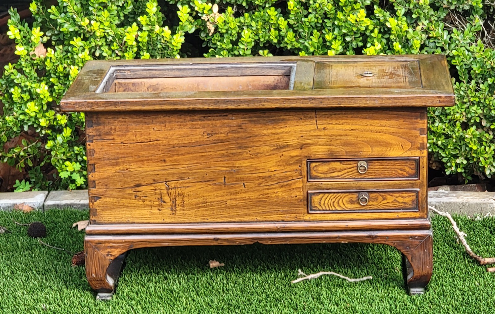 Antique Japanese Elm Hibachi Tea Cabinet With 2 Drawers And Storage