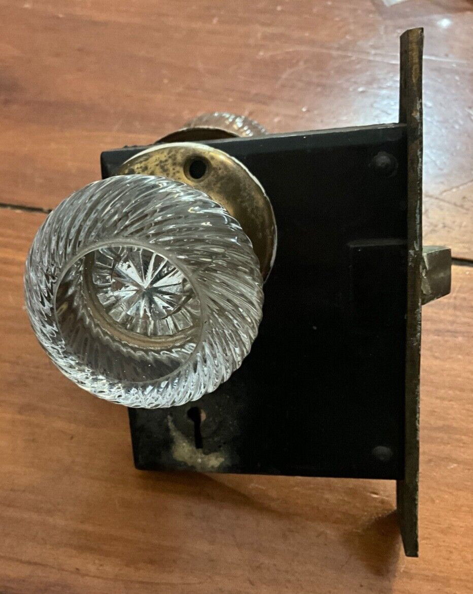 ONE ANTIQUE Fancy Glass-SWIRL 2-KNOB DOOR SET WITH square lock set & Brass Trim