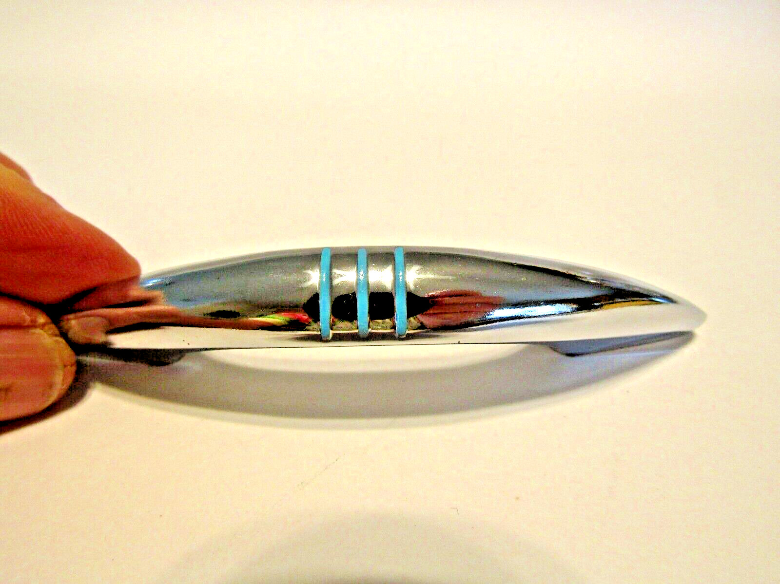 Vtg Modern Cabinet Pulls Chrome 3 Small Crossing Turquoise Lines Drawer Handle
