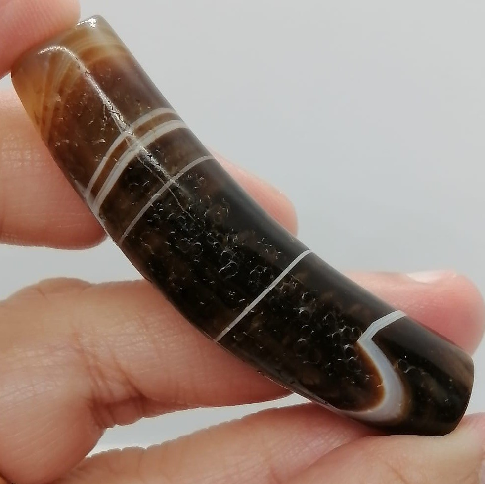 Large Banded Agate Tube Bead Curved Black Brown Striped Stone Pendant Rare Roman