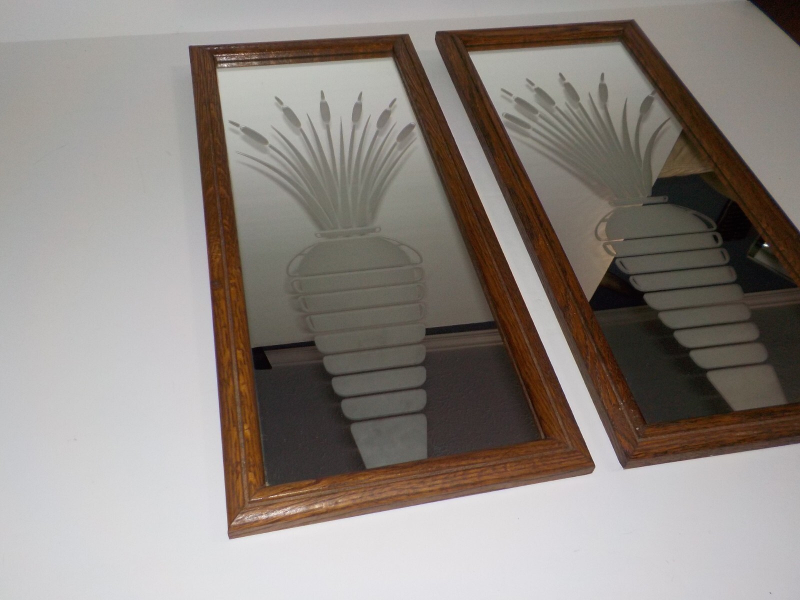 2 MCM Hollywood Regency Rectangle Wall Mirror Etched CATTAILS VASE Vintage