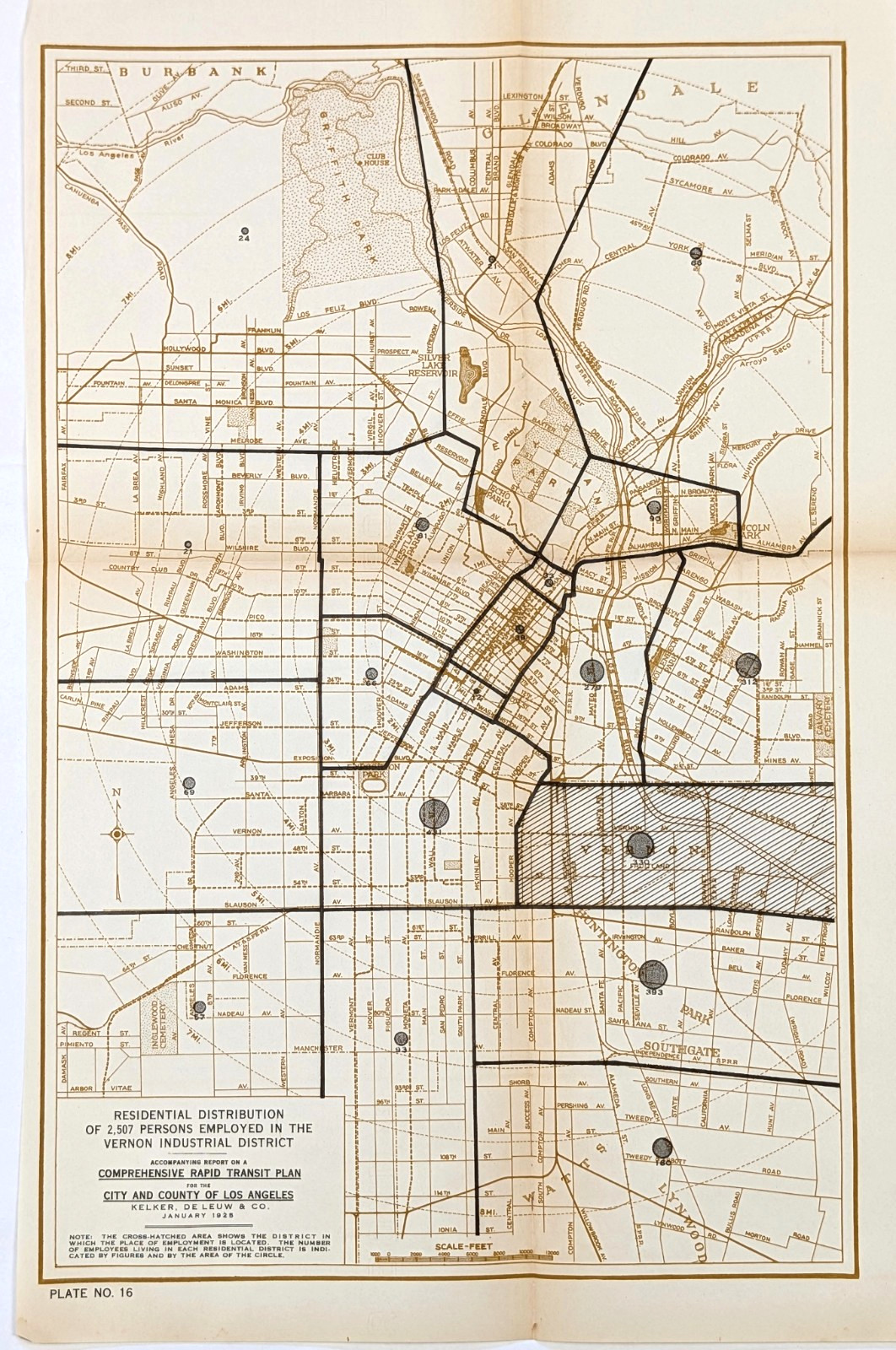 1925 Map of Los Angeles ~ Business District ~ Rapid Transit ~ Vernon District