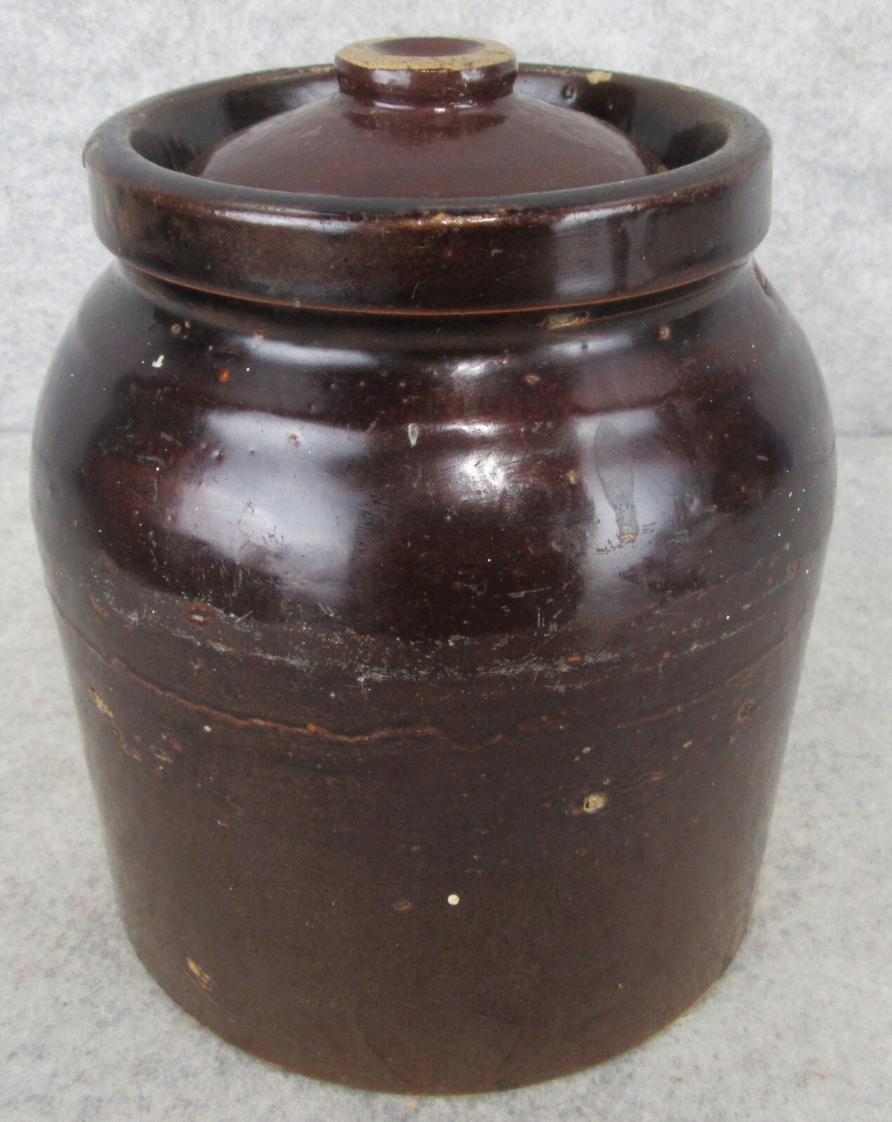 Antique Vintage 1 Quart Stoneware Brown Salt Glazed Lidded Crock w Flange Edge