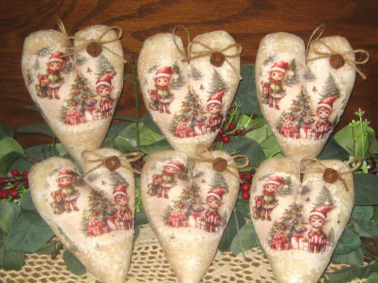 Rustic Farmhouse 6 Appliqued Christmas Elves Hearts Tree Ornaments Vintage Look