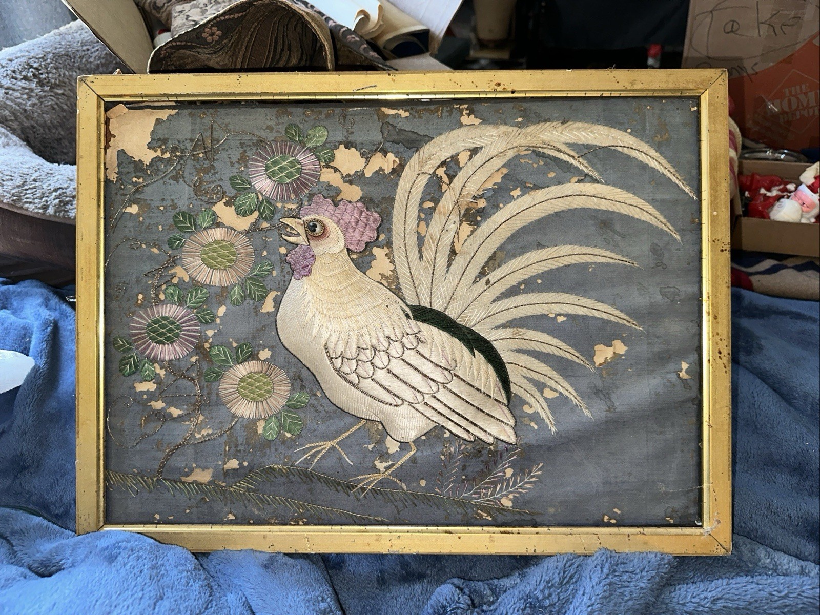 Chinese Asian Rooster Chicken Embroidery Needlepoint Framed Cock 20 X 15
