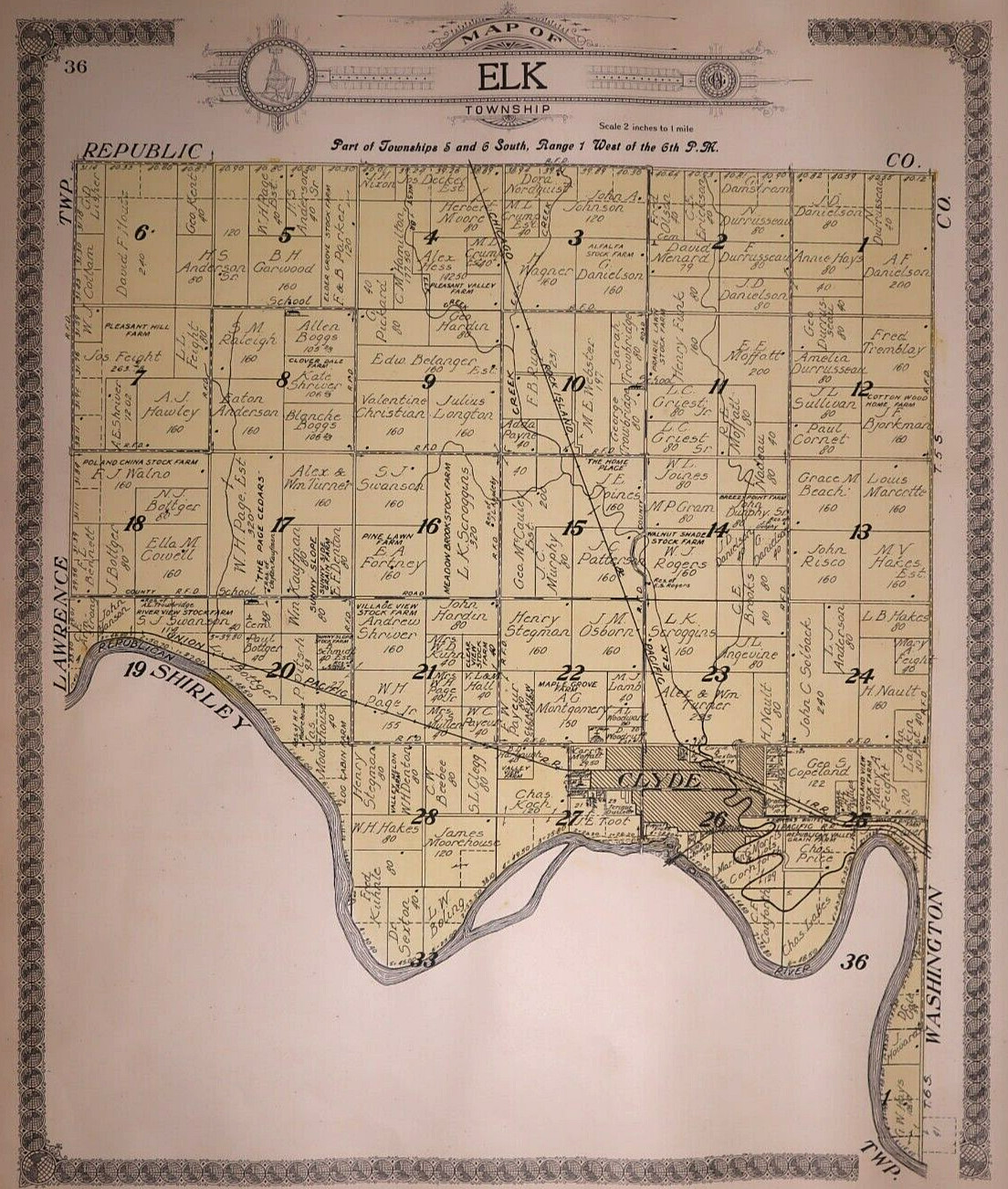 (Lg15x17) ~ 1917 Plat Map ~ ELK Township, CLOUD County, KANSAS ~ Free S&H