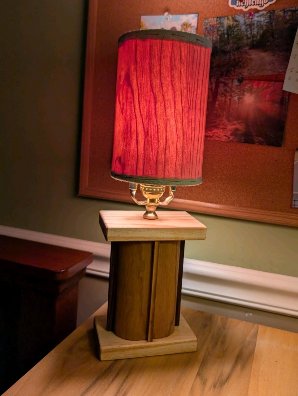 Handcrafted Cherry, Walnut, And Pine Wood Lamp With Cherry Veneered Lampshade