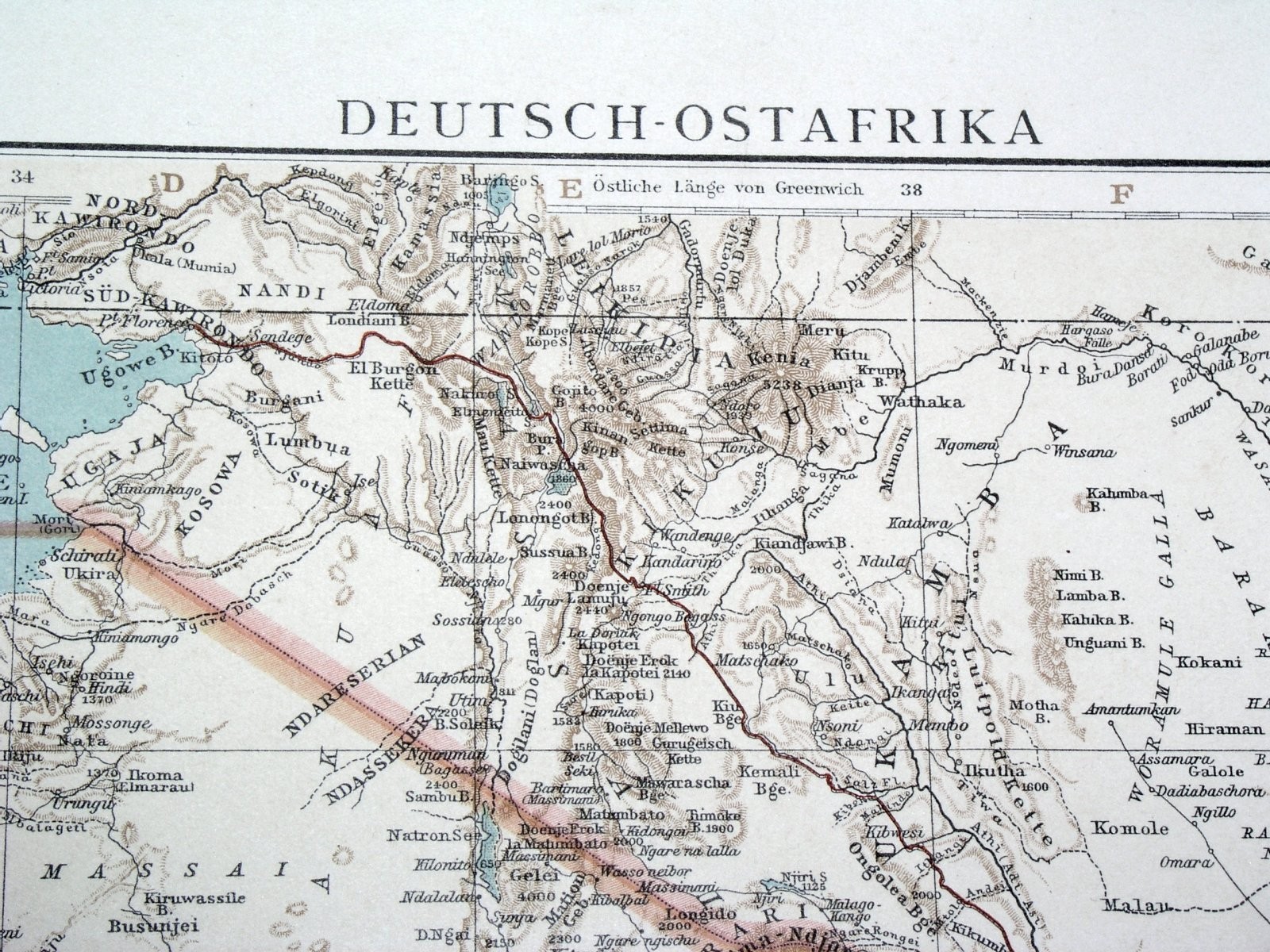 1896 ORIGINAL ANTIQUE MAP GERMAN EASTERN AFRICA OSTAFRIKA TANZANIA KILIMANJARO