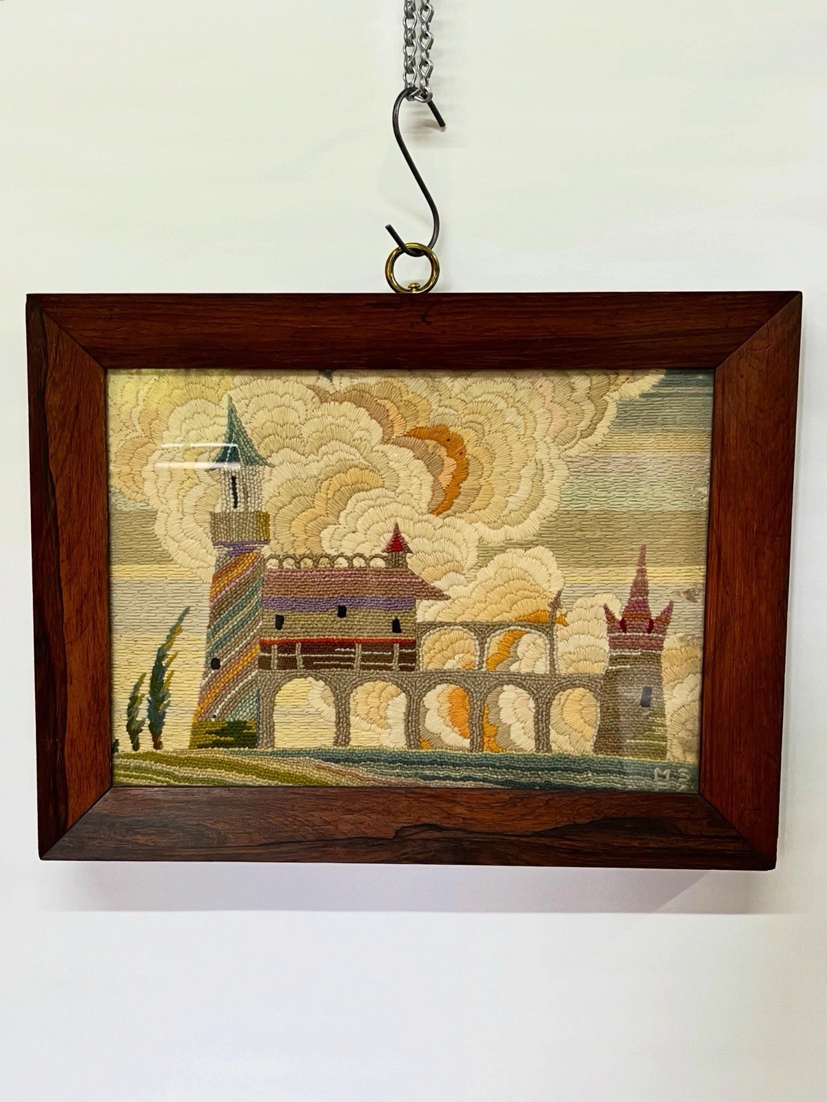 A Fine Folk Art Textile Landscape with Castle c.1930s Oxford Provenance Signed