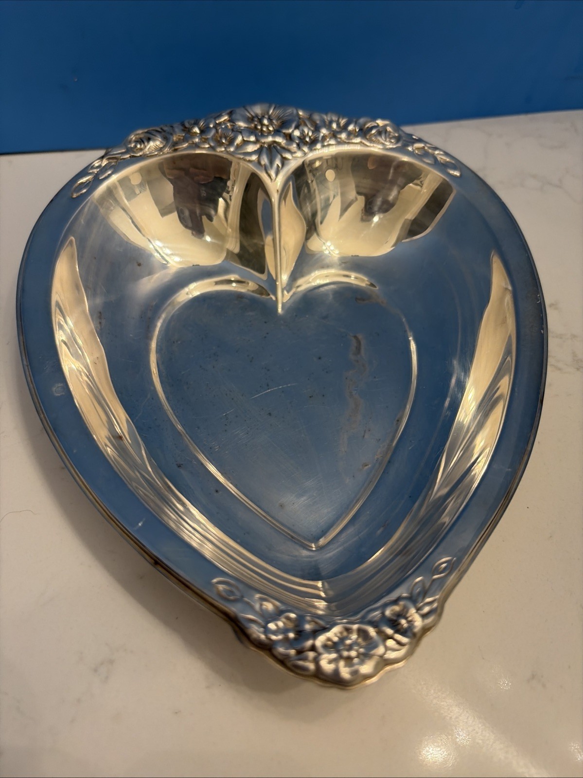International Silverplate Floral Heart Candy Dish Trinket Valentine Love Tray