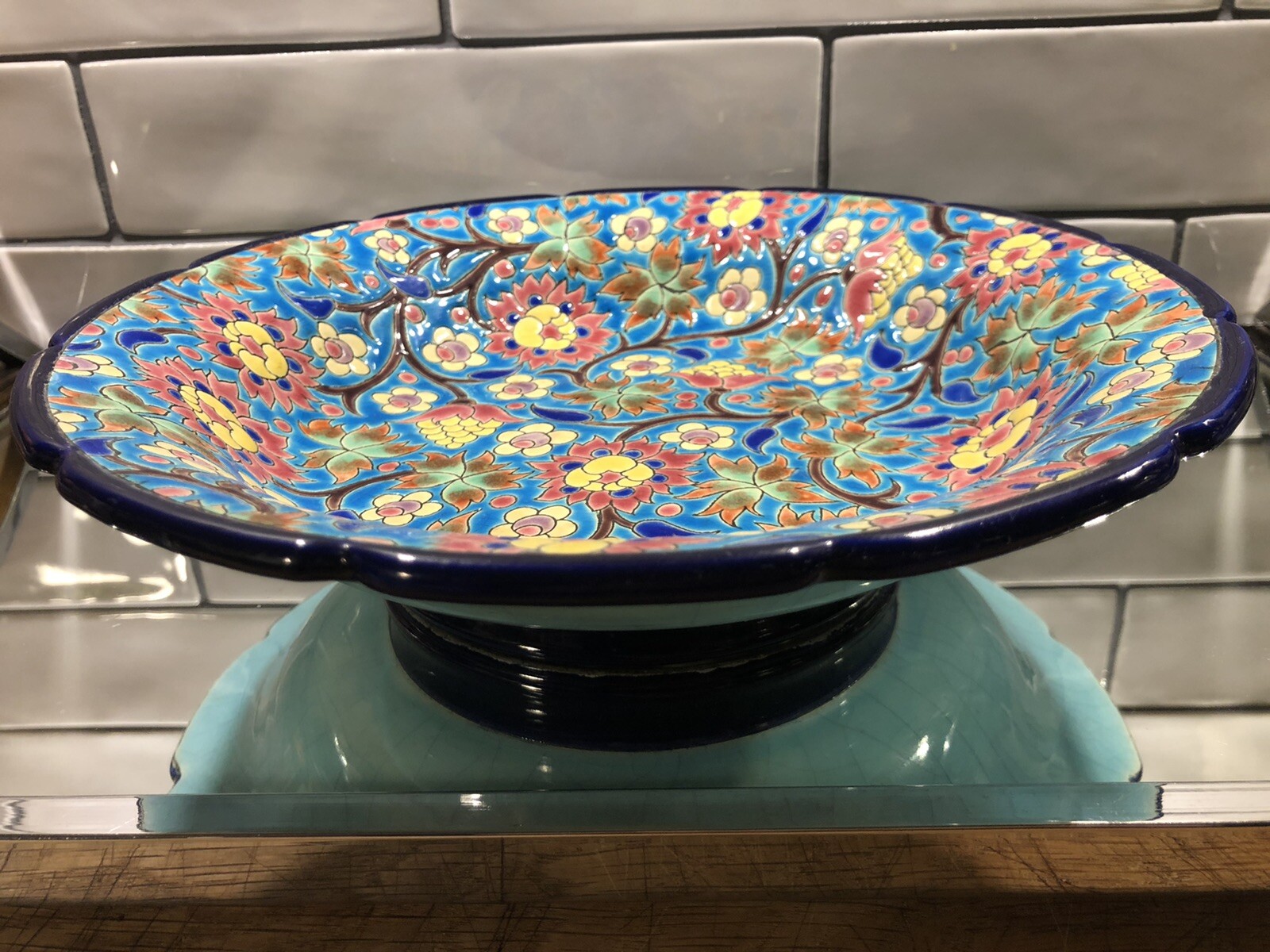 Emeaux de LONGWY 20th century large decorative dish made France 25cm diameter