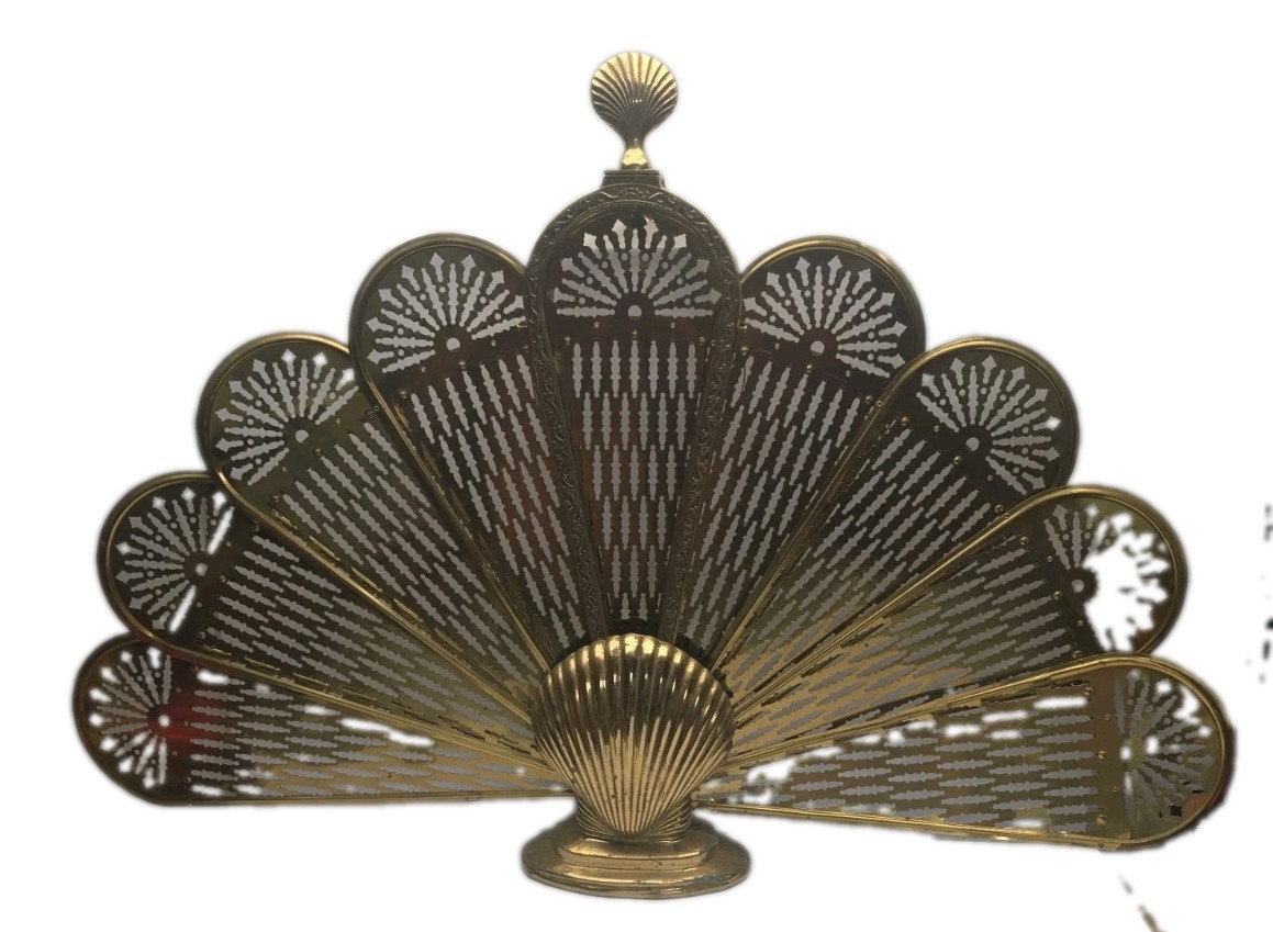 Vintage Brass Clam Shell Peacock Fan Folding Fireplace Screen MCM Deco Style 25”