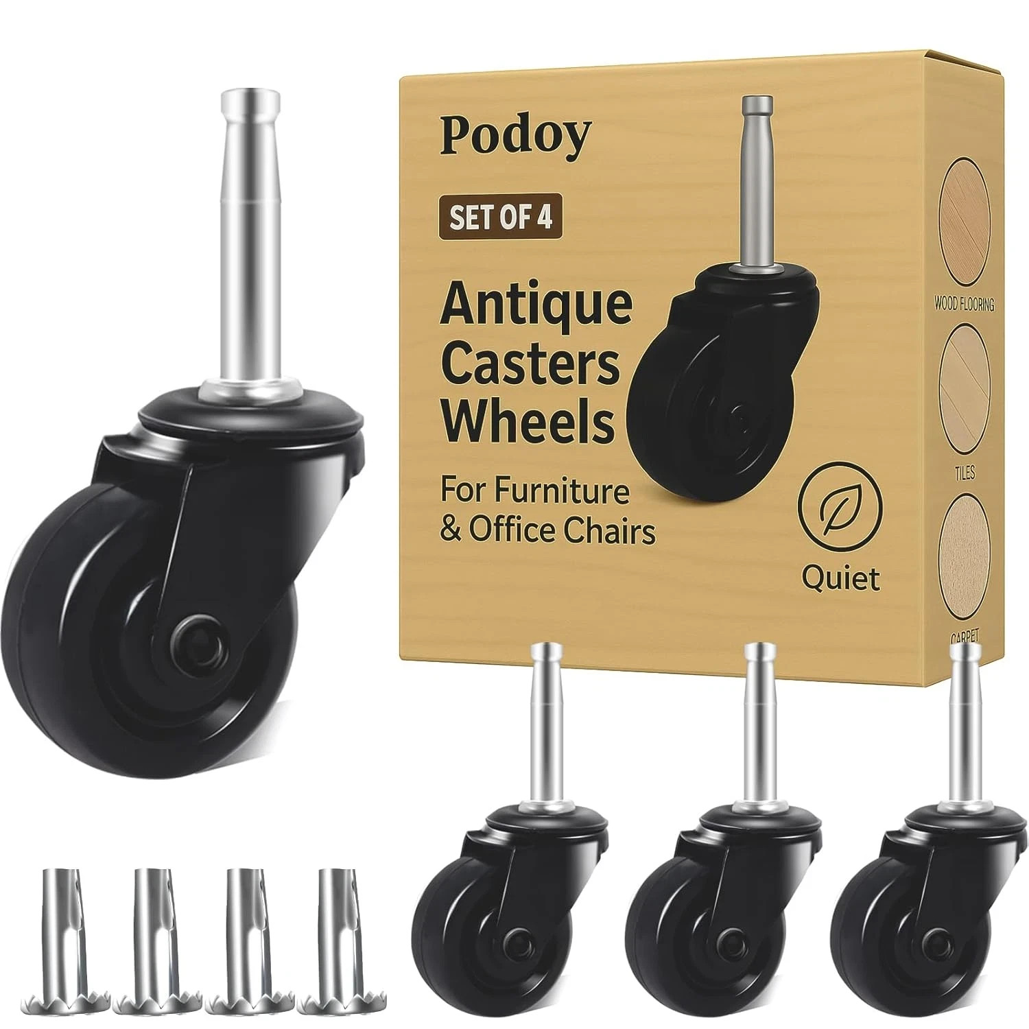 Antique Brass Casters 1-5/8″ with Stem Socket (Set of 4) Rubber Wheels – Univers