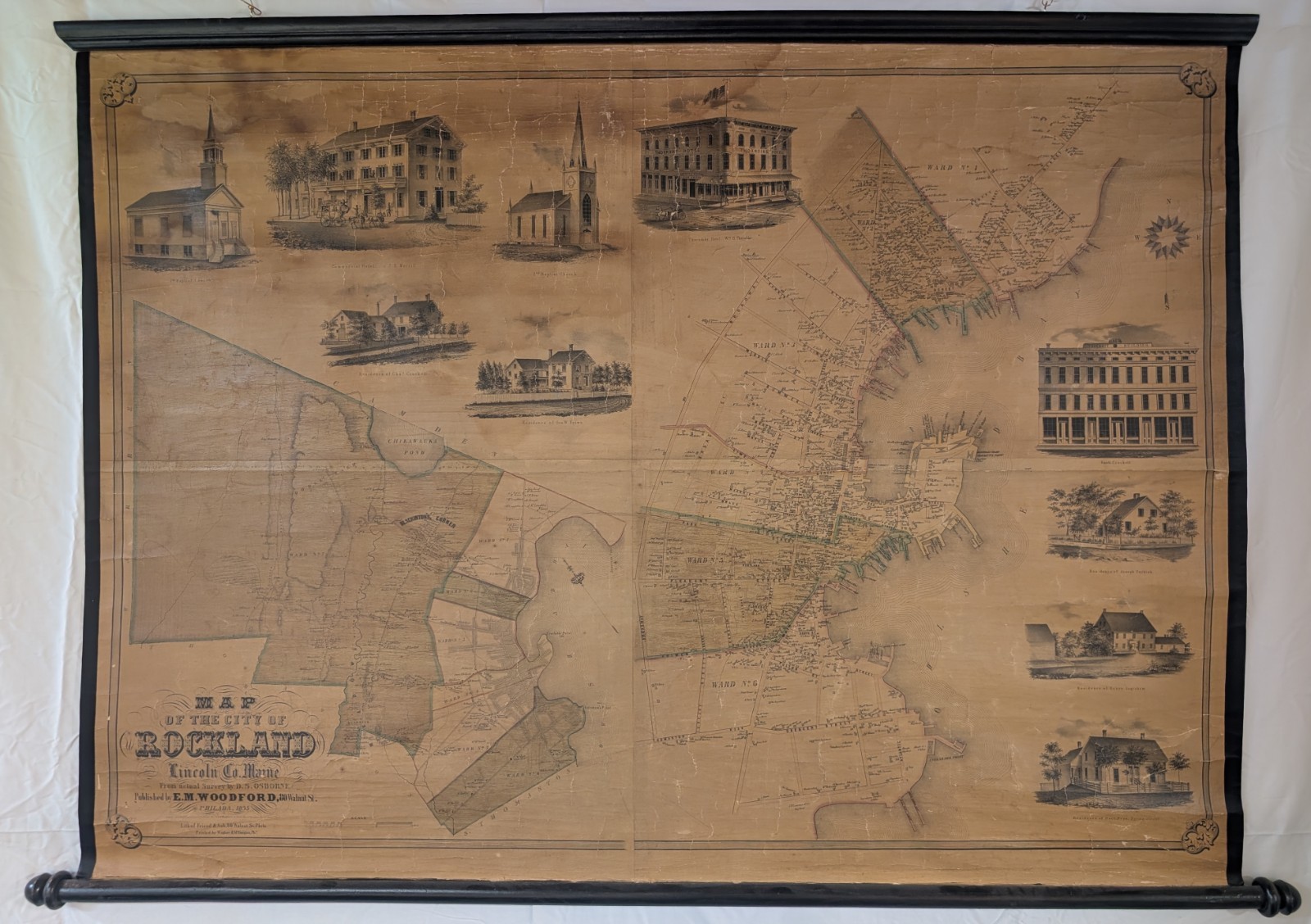 1855 Original Antique Wall Map of Rockland, ME Surveyed by D.S. Osborne