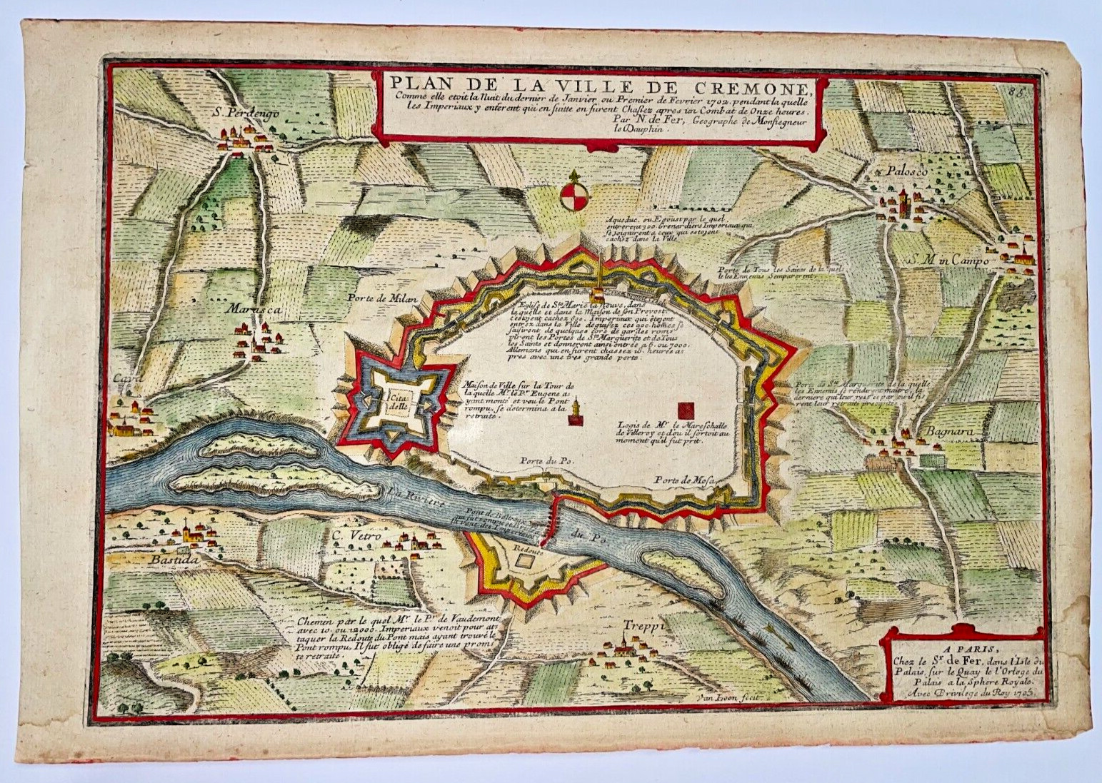 CREMONA ITALY 1705 NICOLAS DE FER NICE ANTIQUE ENGRAVED MAP 18TH CENTURY
