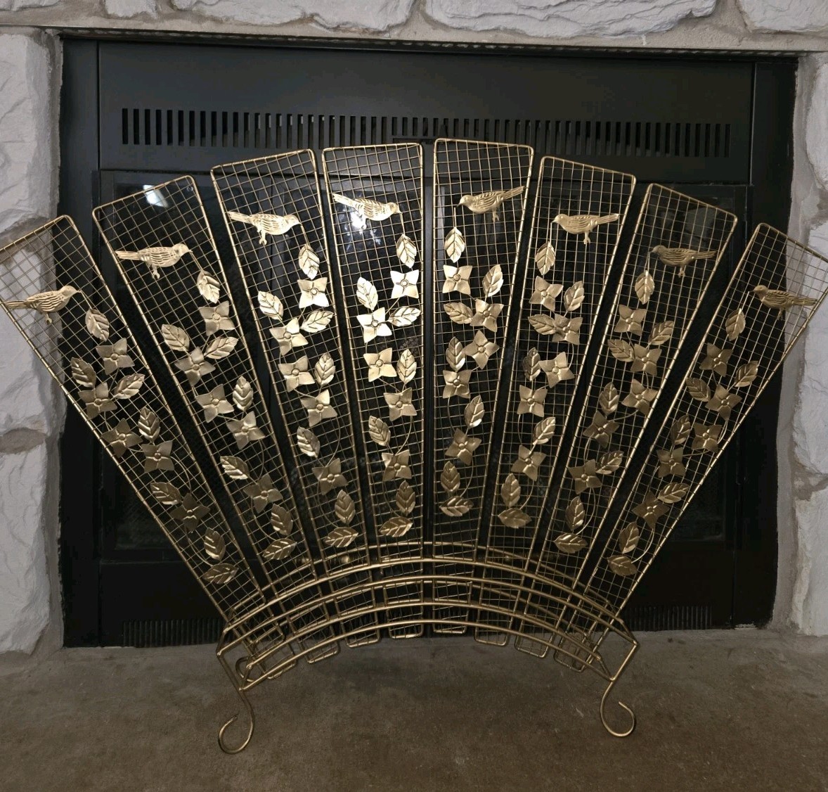Vintage Decorative Fireplace Metal Screen Fan Bird Leaf Trellis Bronze Gold