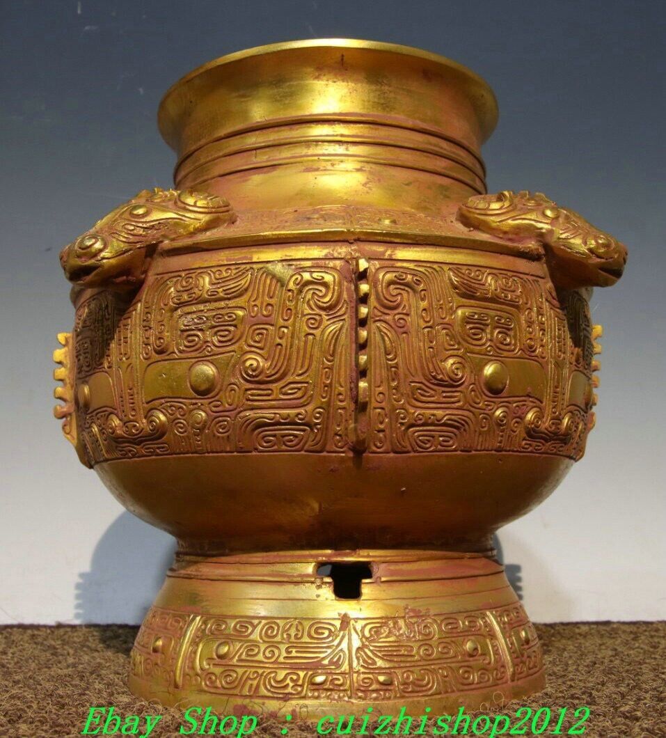 9″ Old Chinese Dynasty Bronze Ware Gold Sheep Head Beast Face Wine Jar Pot Crock