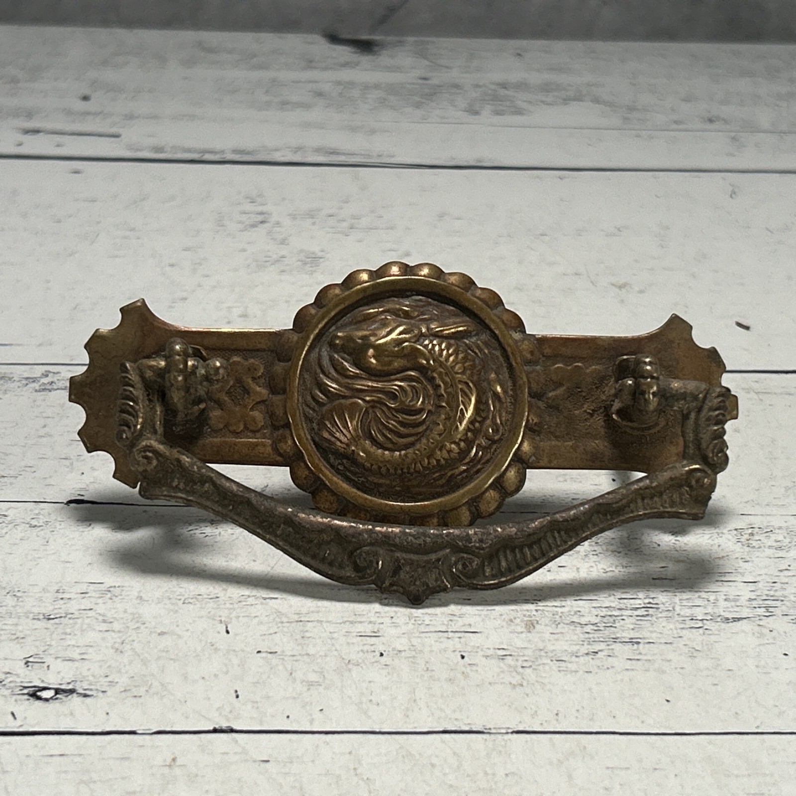 Antique Brass Oriental Dragon Drawer Pull Mythical Beast 1890s-1910s Chinoiserie