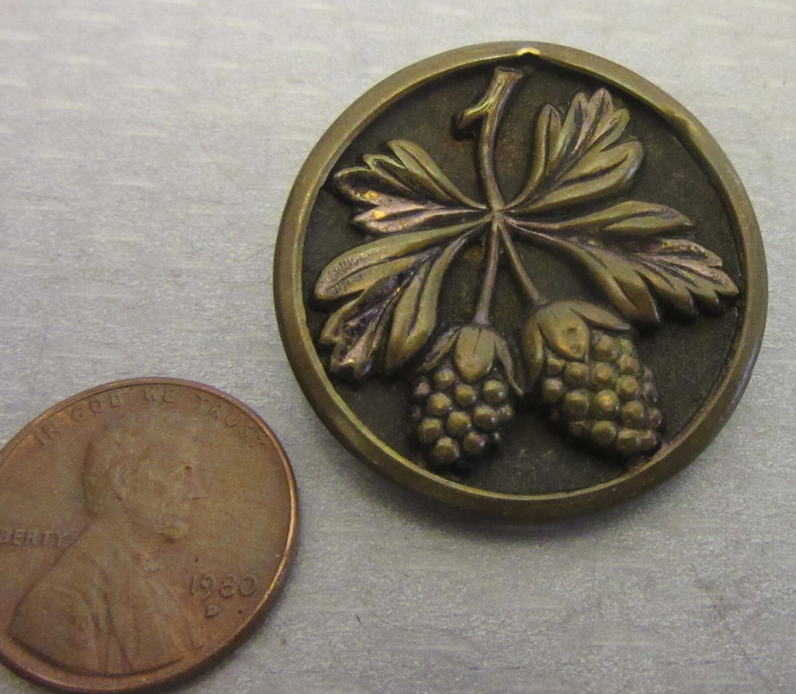 Victorian Metal Pinecone Picture Button stamped relief winterberry large 1.25″
