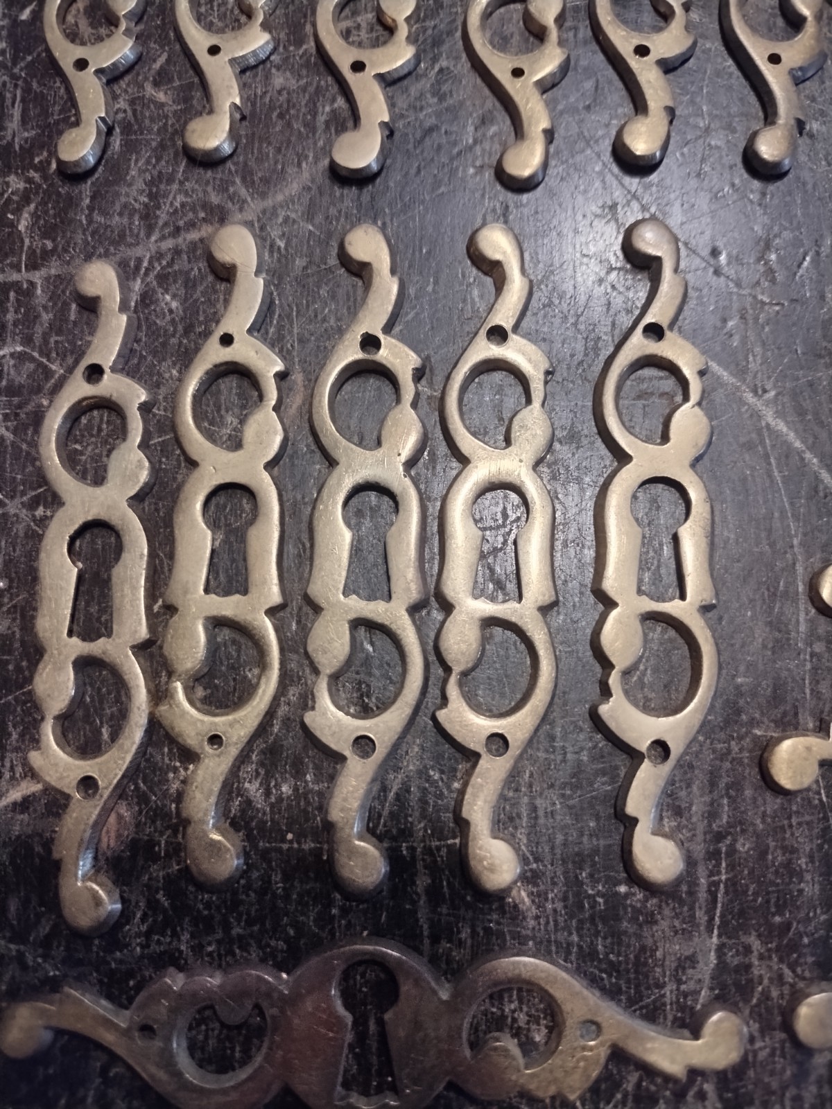 24 Fancy Vtg Solid Brass Drawer Keyhole Escutcheons Ornate