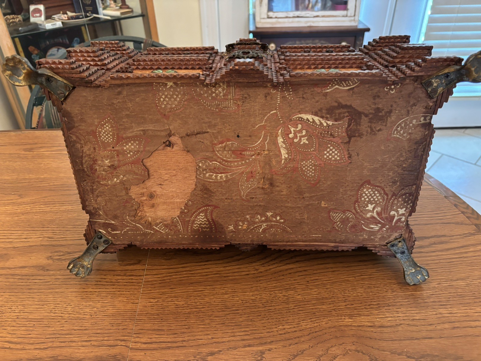 AMAZING TRAMP ART NOTCH CARVED SEWING CHEST C.-1904 HOBO PRIMITIVE ART APPRAISED