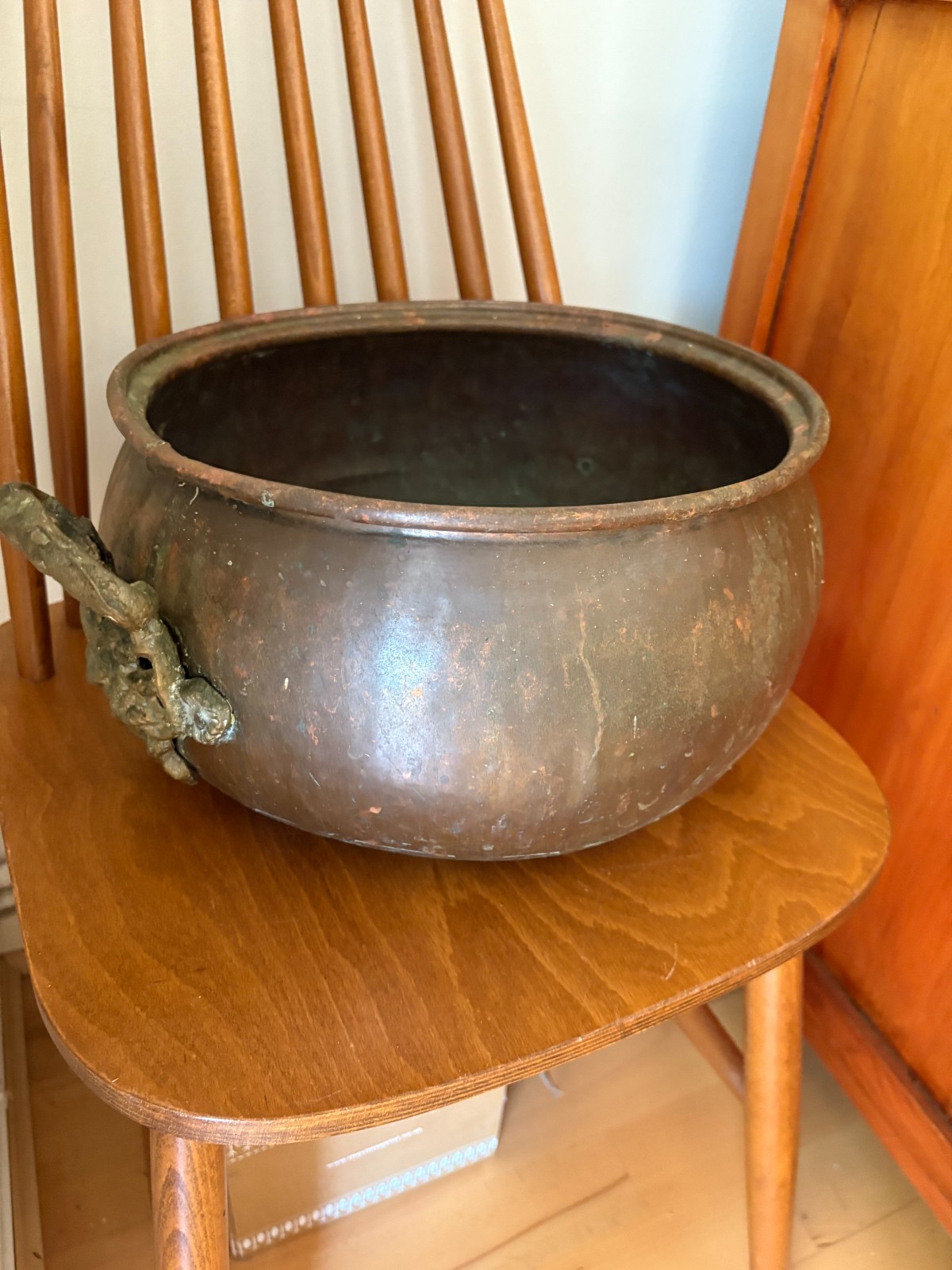 Antique Copper Metal Brass Round Planter Pot Cauldron Brass Handles