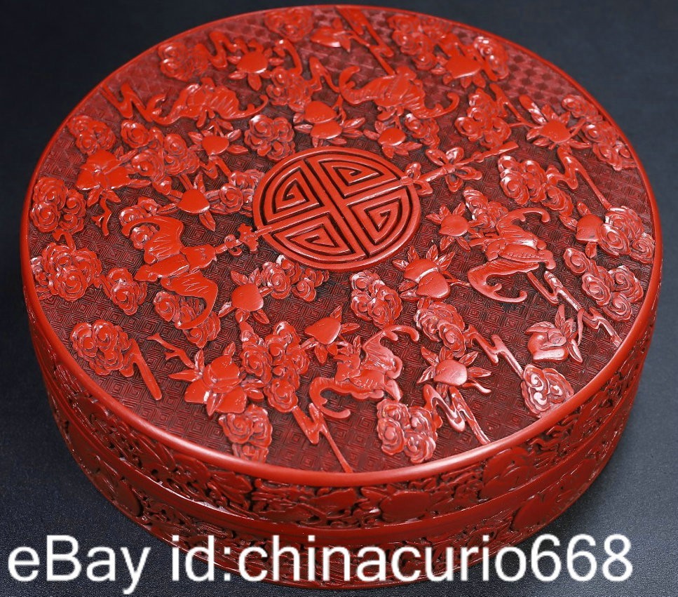 10.4″ Marked Old Chinese Red Lacquerware Carving Dynasty Bat Peach Jewelry Box