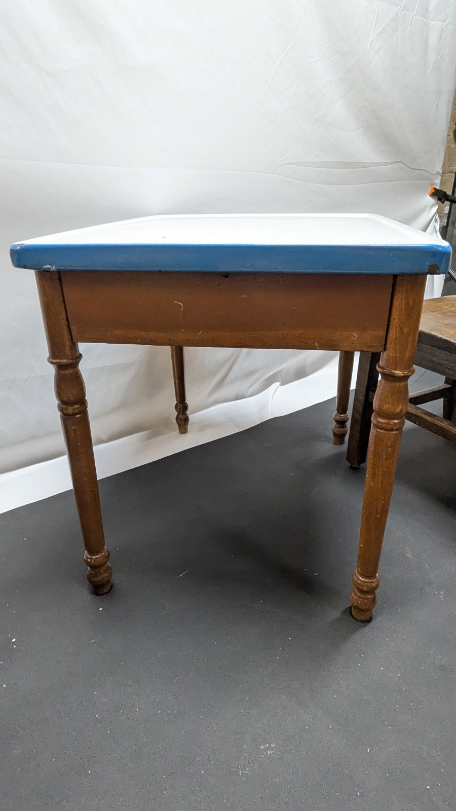 Antique Porcelain Enamel & Wood Small Childs Teaching Table And Chair Farmhouse