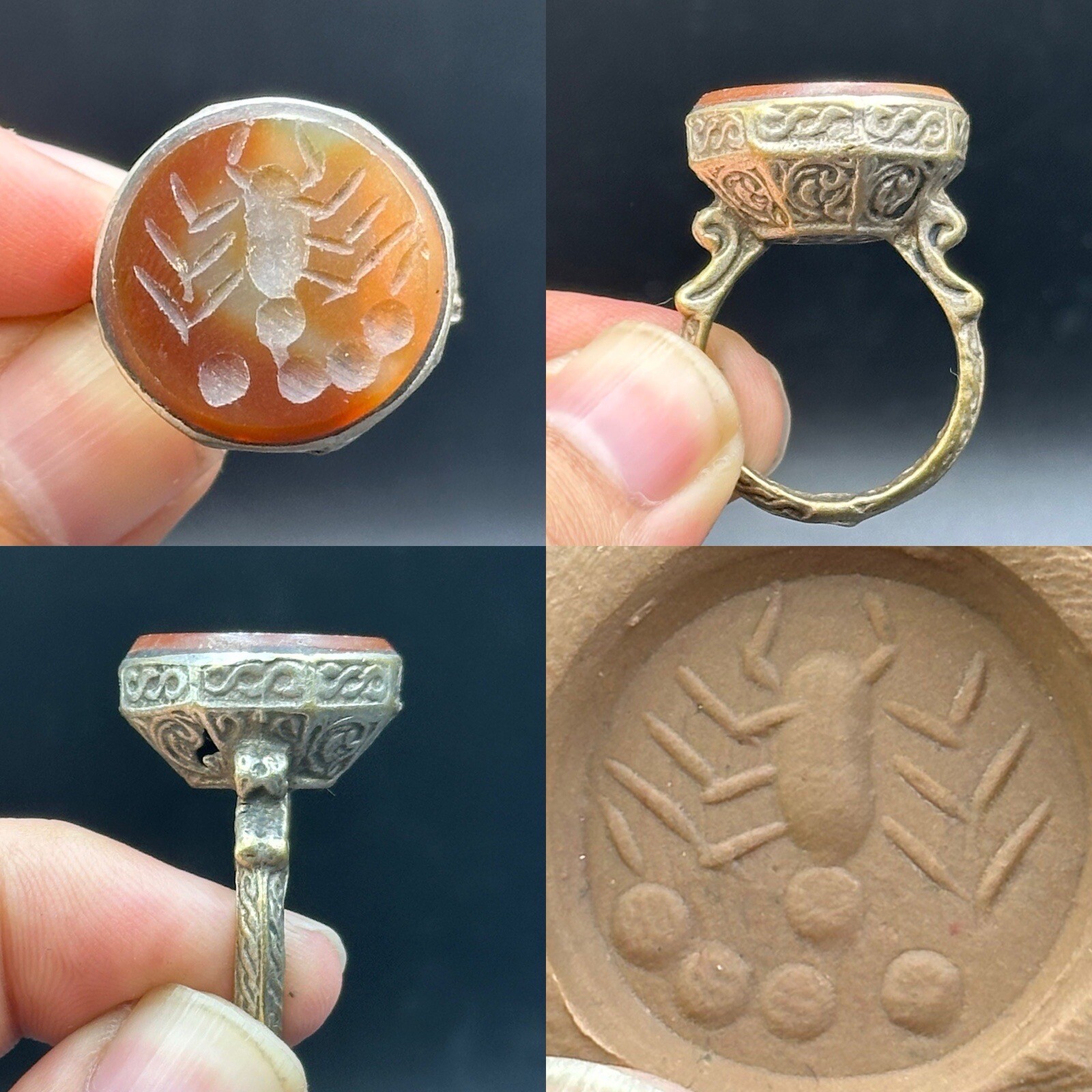Very Unique Ancient Roman Silver Coated Scorpion Intaglio Agate Stone ring