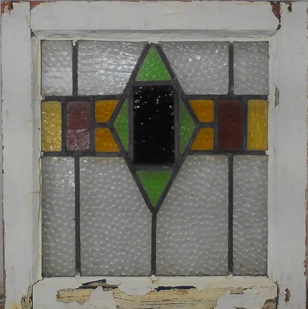 PRETTY GEO OLD ENGLISH LEADED STAINED GLASS WINDOW 19″x 19″