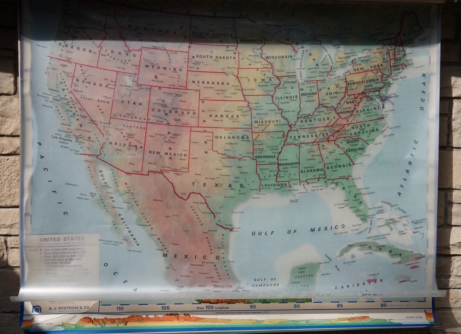 A J NYSTRUM CO. 3 PAGE PULL DOWN CLASSROOM MAP NORTH AMERICA 1970’S
