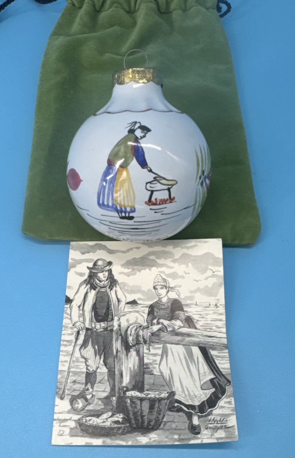 Henriot Quimper Pottery 1984 Round Ornament France Vintage in Pouch w/ Paperwork