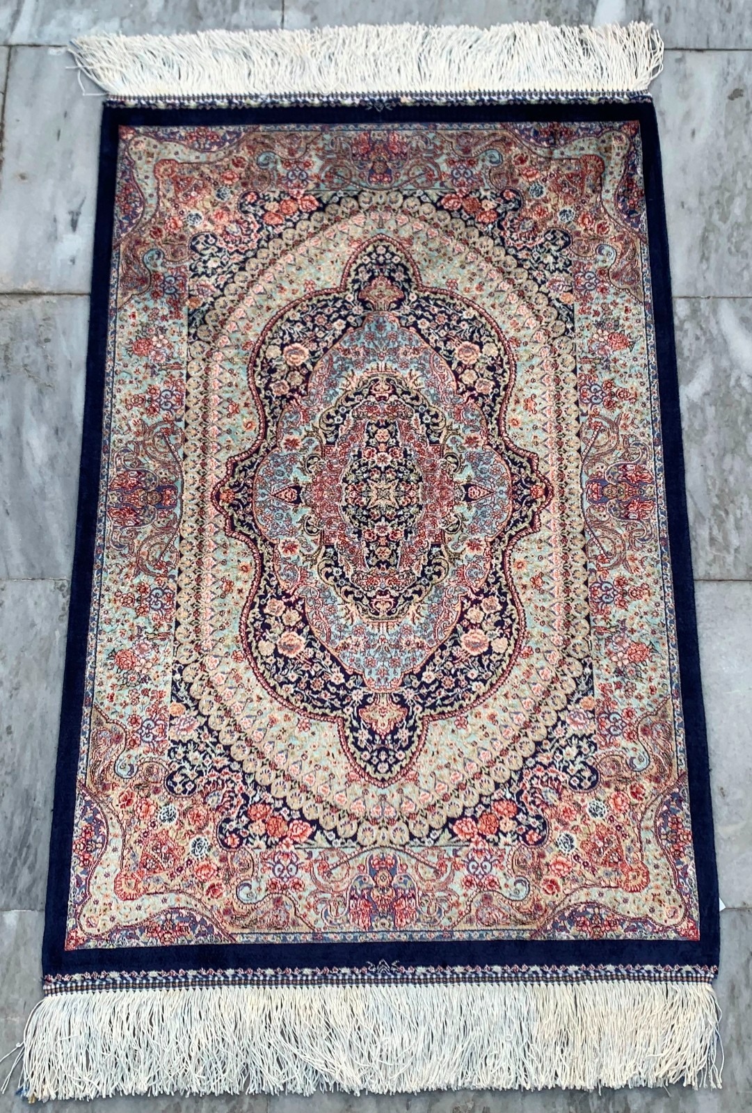 100% Silk Rug Mughal Art Pictorial Silk Rug Handmade Fringes and Borders 2×3 ft