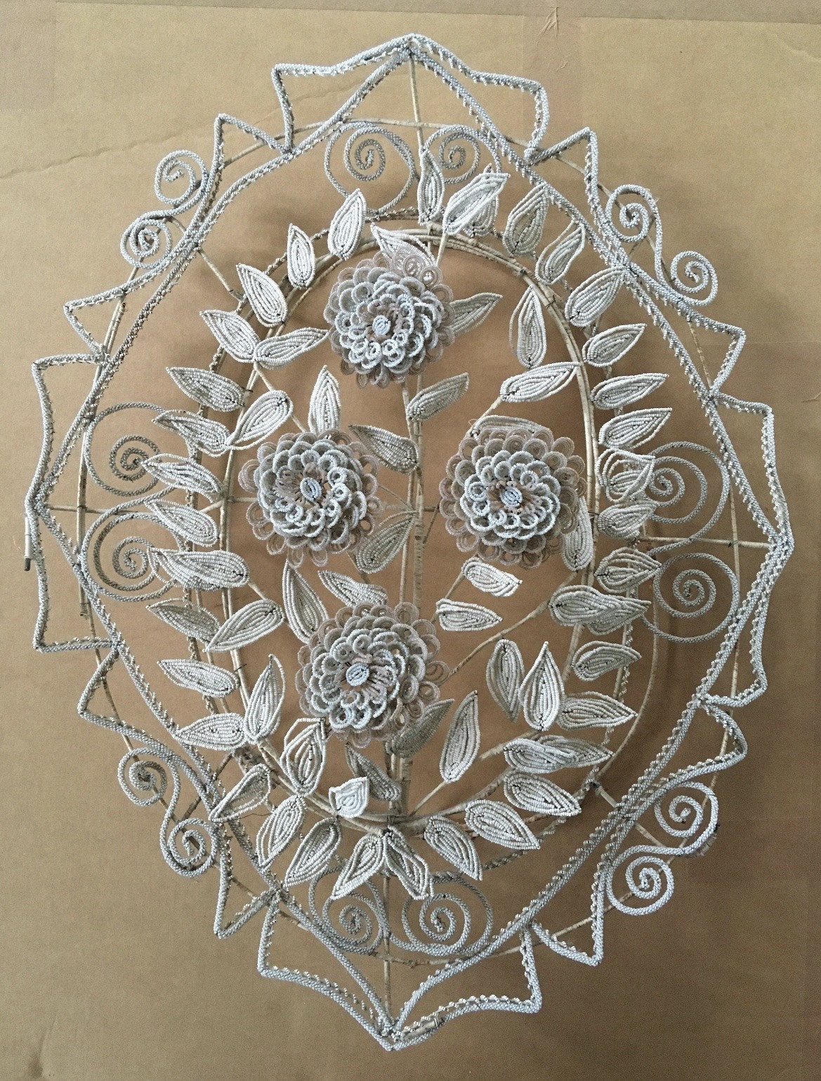 Antique French Glass Beadwork Floral Wreath intricate unique, Great Condition