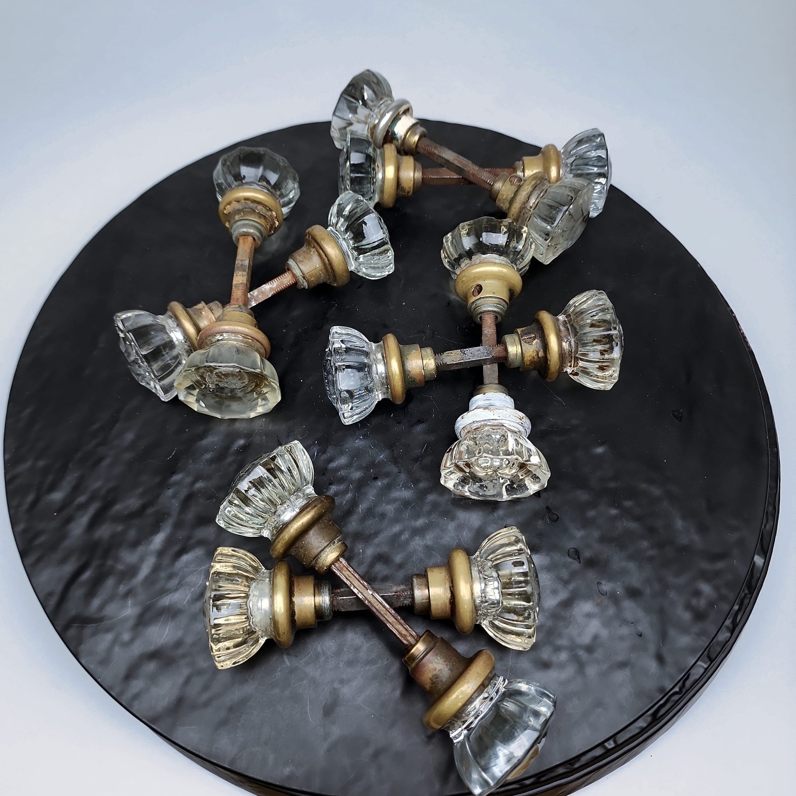 Antique Crystal Glass Door Knobs 8 Sets 16pc Lot 12 Sided Brass Hardware